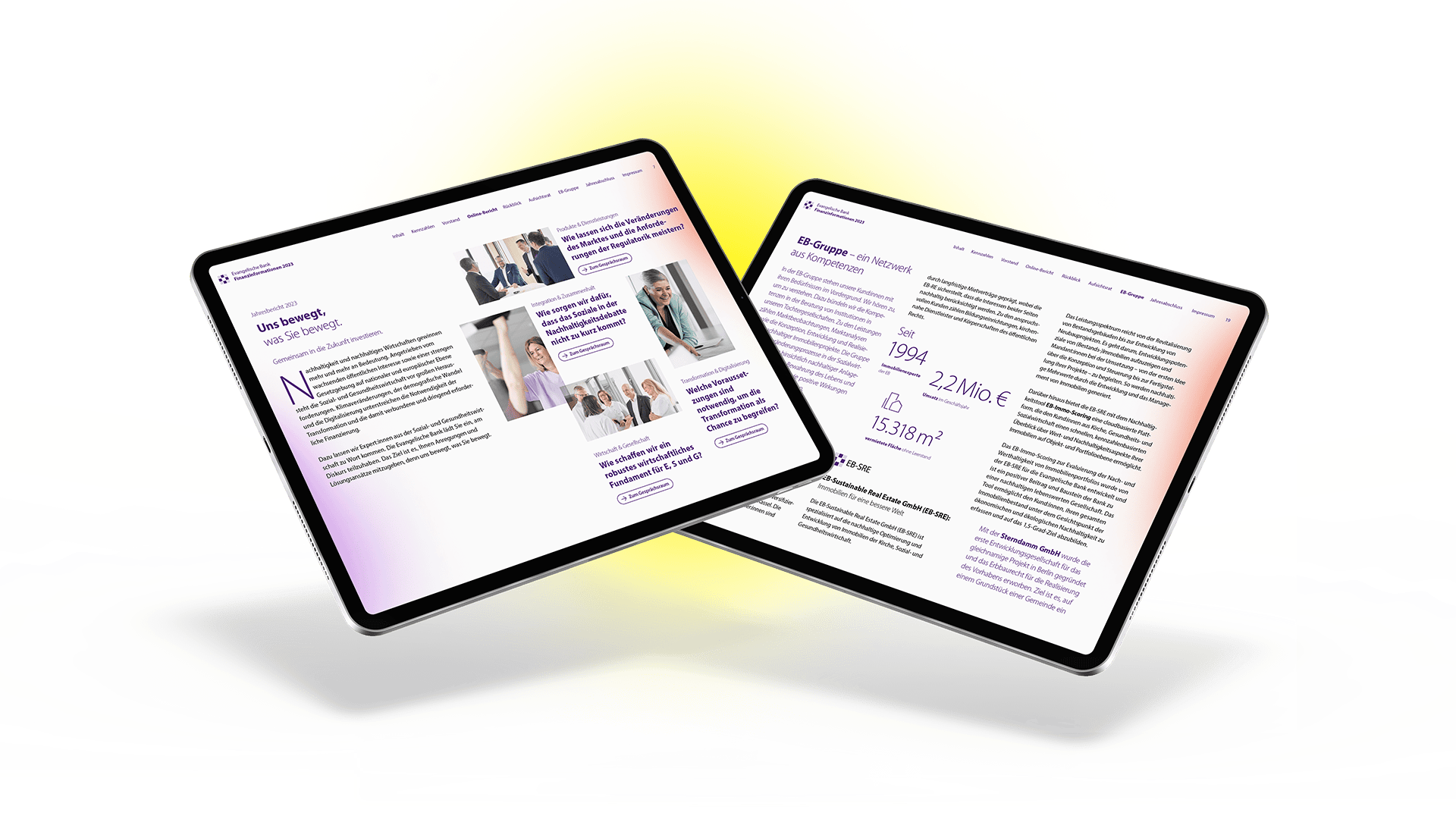 Digital annual report from Evangelische Bank on two tablets - modern, responsive web design for companies.